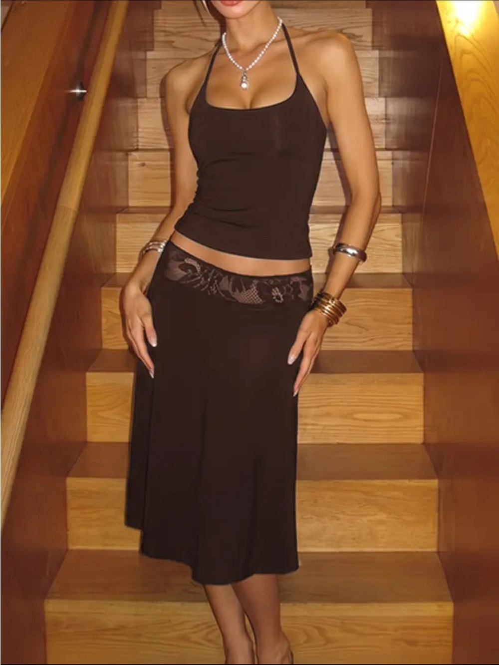 White Fox Boutique Black Halter Tank & Skirt Two Piece Set